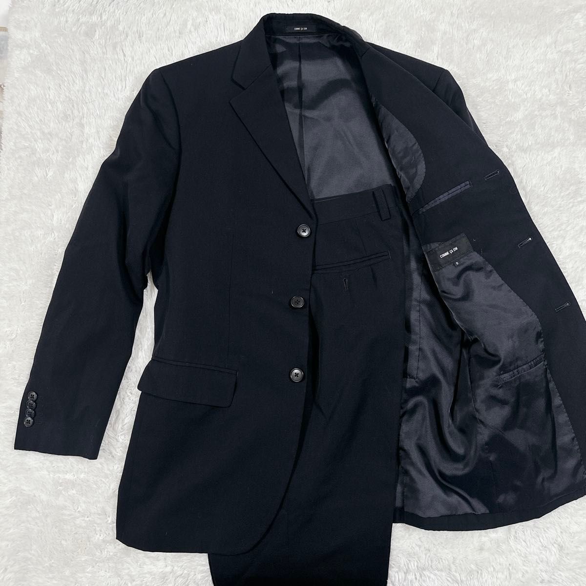 美品COMME CA ISMコムサイズムメンズスーツセットアップS濃紺2タックウールビジネス