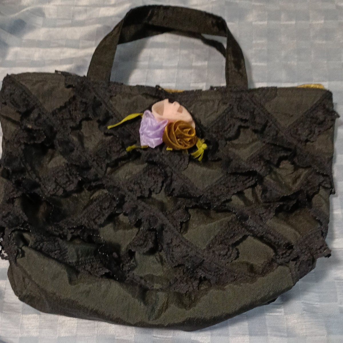 Black Lace Ruffle Tote Bag with Flower Motif