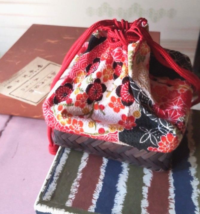 和柄 巾着袋 竹かご付き 浴衣小物 和装バッグ