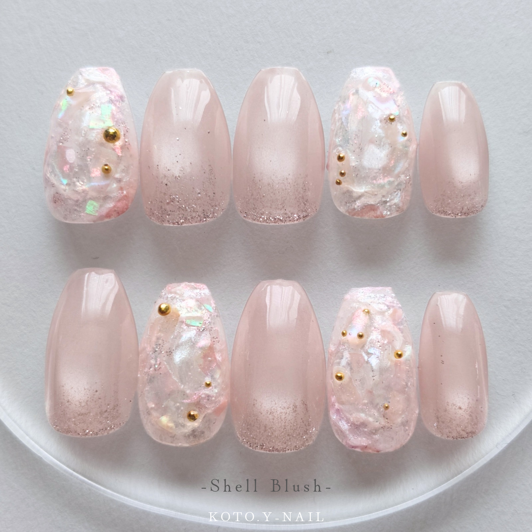 Shell Blush Nail Tips—Transparent, Subtle Nuance, Shell Effect, Glistening Finish, Elegant and Cute, Sophisticated Water-Glow Nails—Perfect for Bridal, Wedding, and Coming-of-Age Ceremonies; Pink, Water-Drop Design, Magnetic Nail Art—Summer Collection