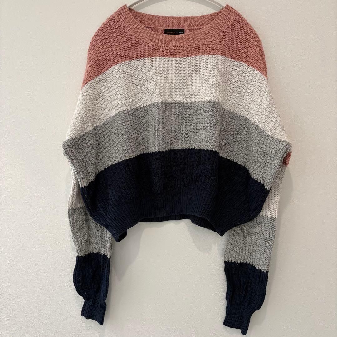 ambiance apparel ボーダー ニット セーター 長袖 ピンク白 グレー 紺 M 綿 ゆったり