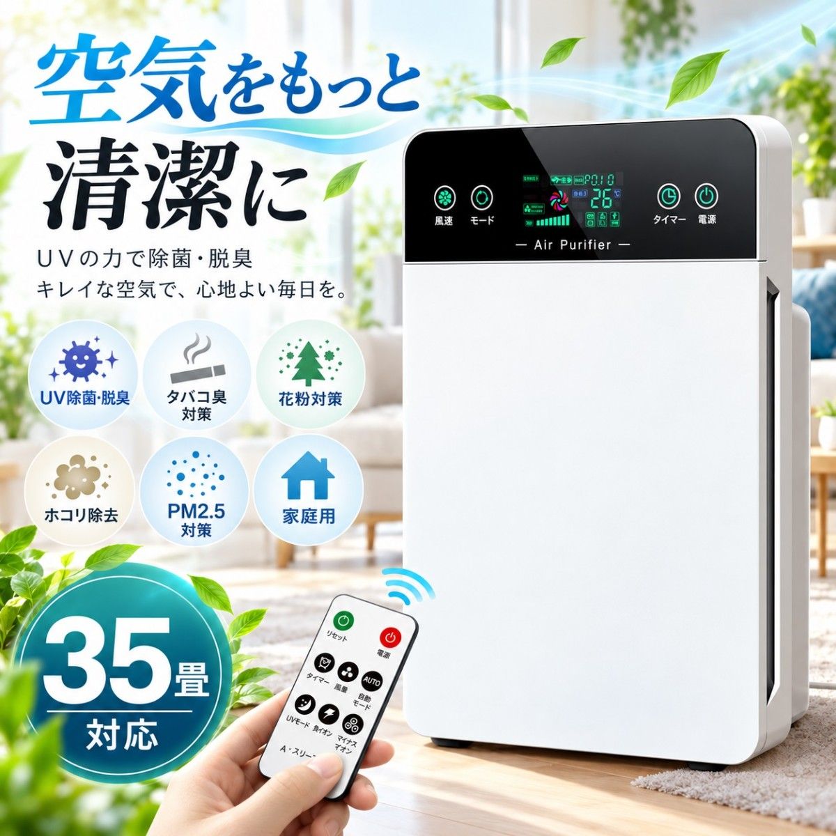 空气净化器 花粉症对策 六重空气净化 适用35畳 除菌 带遥控器 三档切换 除臭机 灰尘 定时器 PM2.5