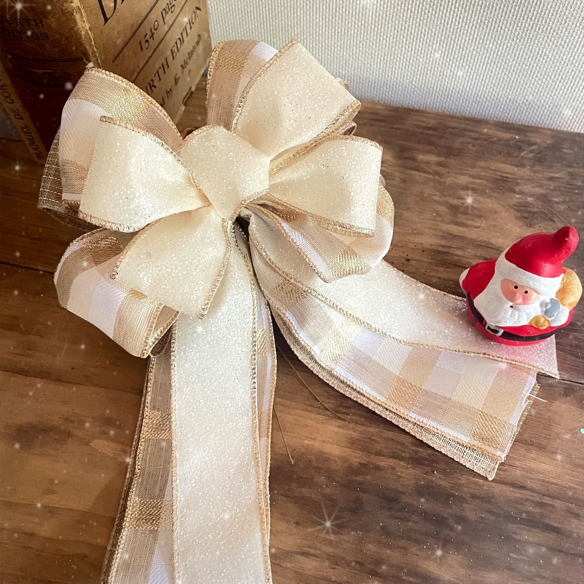 Christmas Ribbon Gold×White Check Pattern with Glitter Tree Top Ribbon Christmas Tree Tree Top Natural Nordic