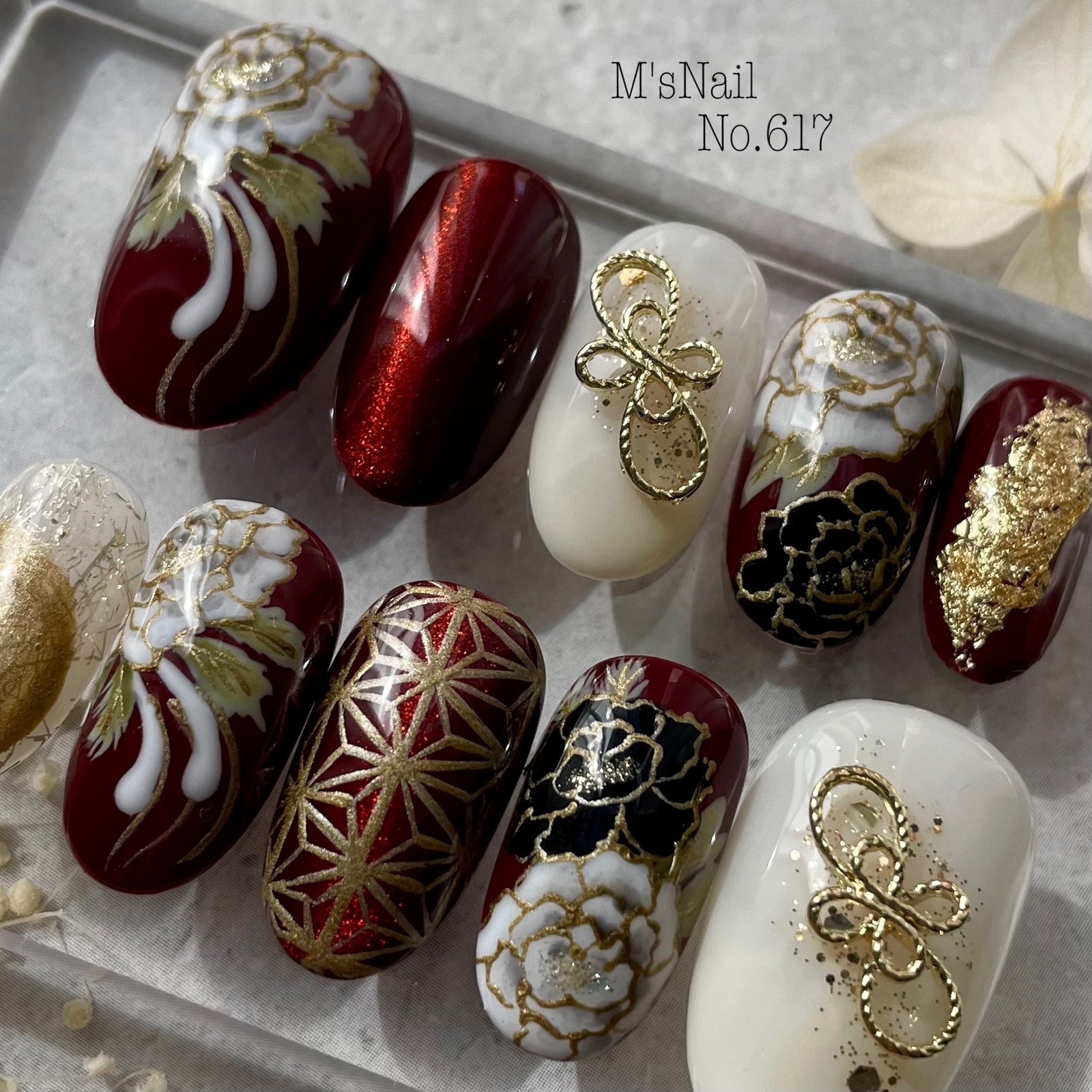 Coming-of-Age Ceremony Nails × Pre-Wedding Photoshoot Nails/Coming-of-Age Ceremony, Japanese Patterns, Traditional Attire, Furisode Kimono, Red, Black