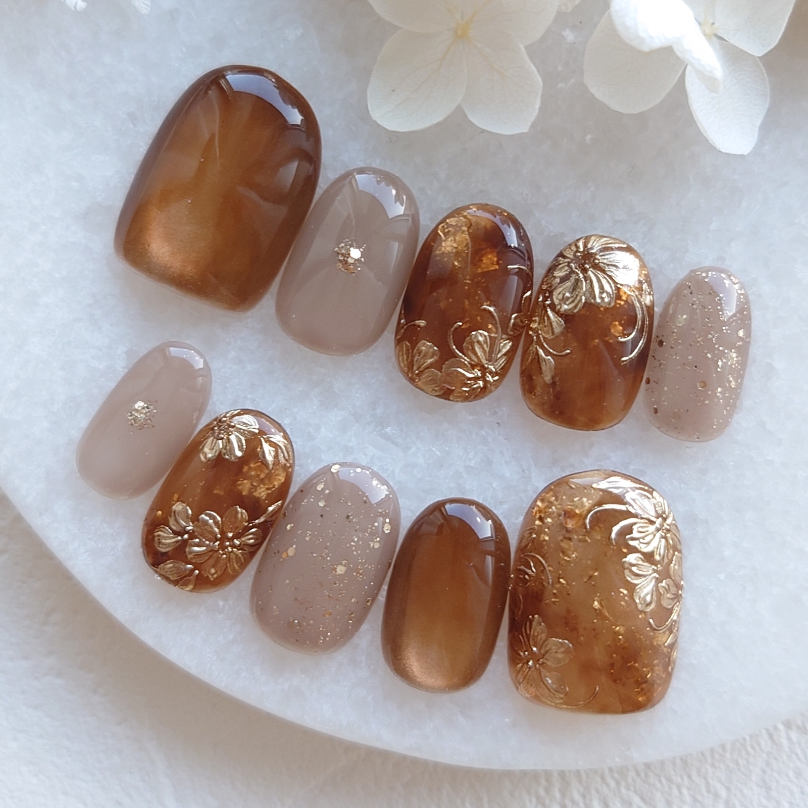 Maple Amber Autumn Brown Nail Mirror Flower Magnetic Depth Nuance Tortoiseshell Bridal Pre-wedding Flower Nail Tip