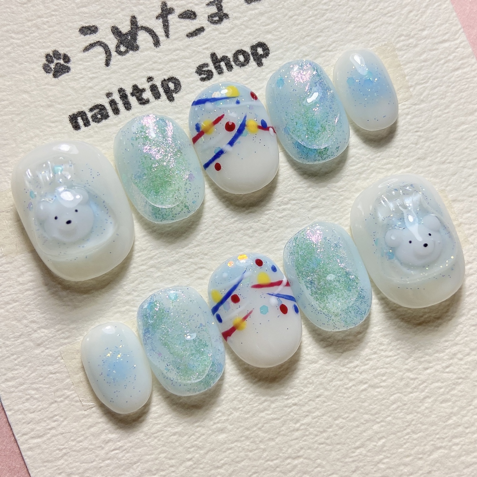 Mini White Bowl Scoop Nail Tips Super Ball Scoop Yo-Yo Fishing Summer Festival Light Blue Translucent Blue Milky White Aurora Plump Nuance Gradient Blue
