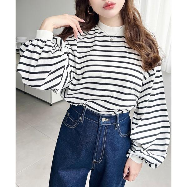 tシャツ 「累計販売枚数4万枚突破！」綿100％無地＆ボーダー モックネックボリュームスリーブロンT レディース