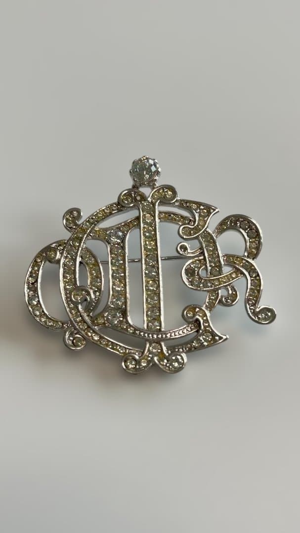 Christian Dior Logo Brooch Silver Rhinestone