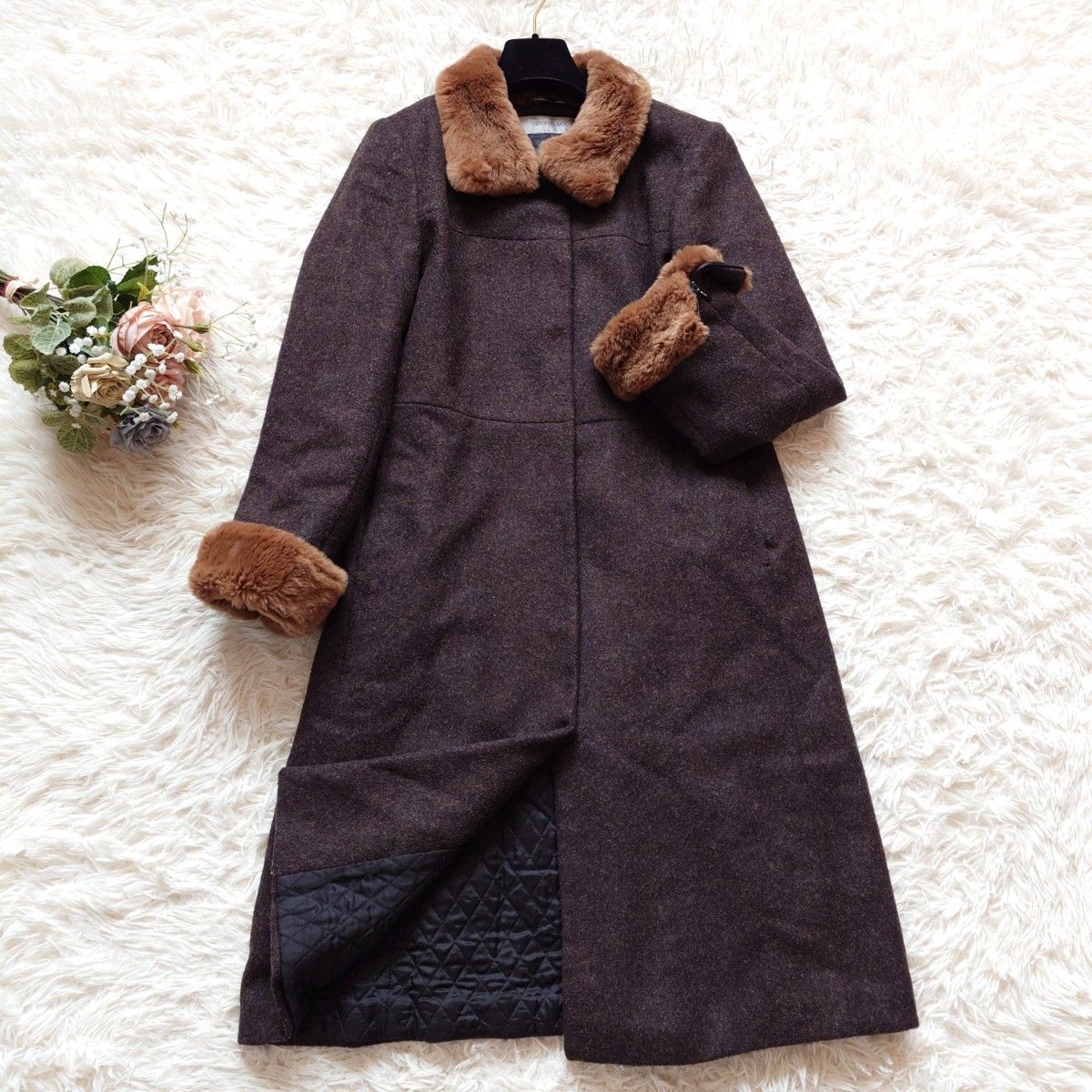 SPORTMAX Real Fur Long Coat Plus Size Melange Quilted Lining Brown 44 XL Equivalent