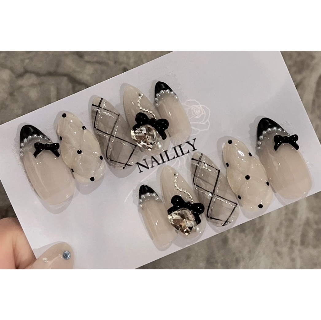 Nail Tips Check French Ribbon Girly Korean Mass-Production Style