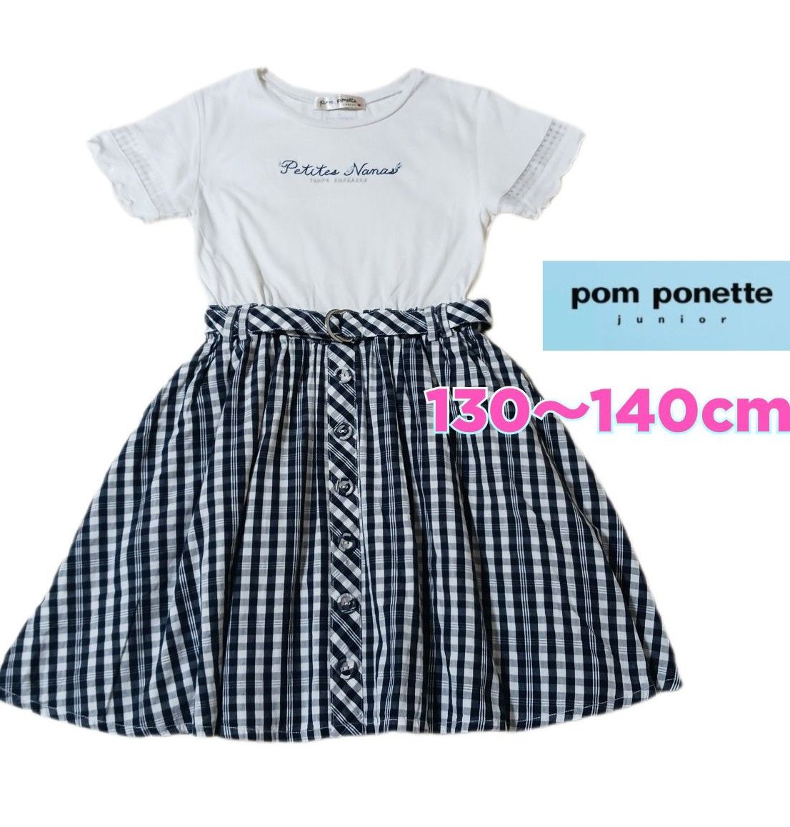 Pomponet ◆ Gingham check short-sleeve dress (130 ~ 140)◆ belt blue