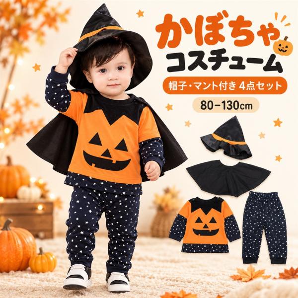 ハロウィン 仮装 子供 かぼちゃ パンプキン コスプレ 衣装 キッズ ベビー 男の子 女の子 上下セット 帽子 マント 4点セット 80 90 100 110 120 130