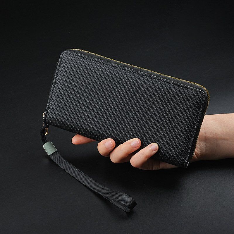 Long Wallet Carbon Pattern Round Zipper with Strap Men's Black Clutch Large Capacity Card Holder Smartphone Storage Wallet