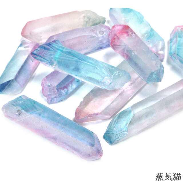 天然水晶 粉色&水蓝色 10颗【带穿孔 水晶】