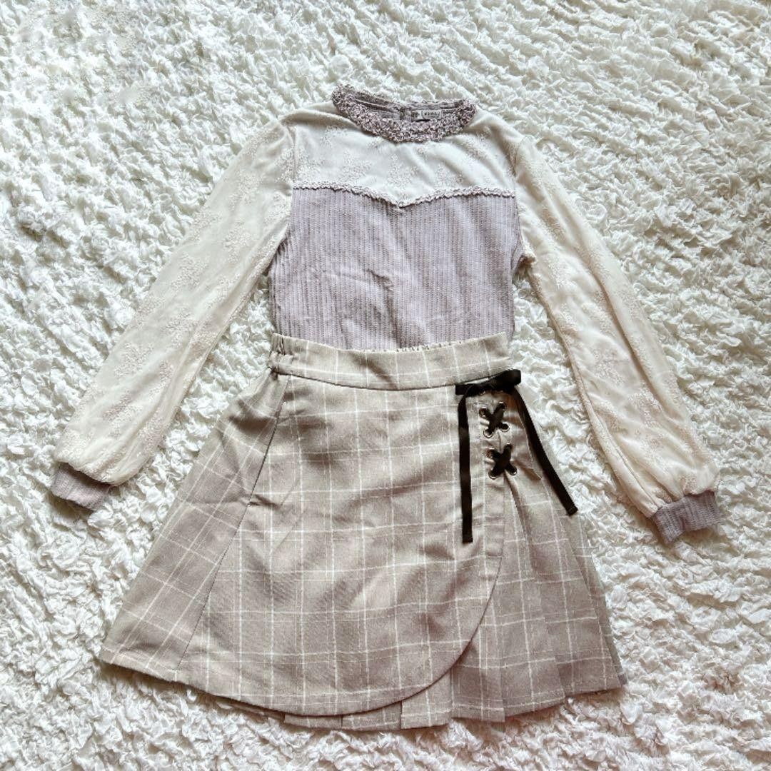 axes femme 袖レース トップス ＆ チェック柄 キュロット［C24］