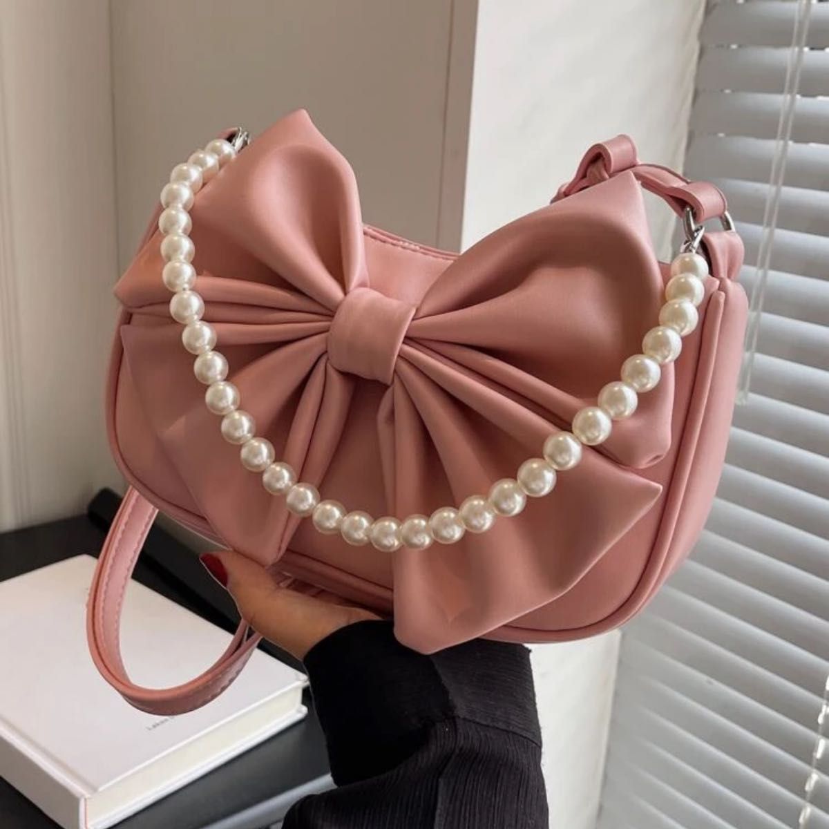 Ribbon shoulder bag, pink, with pearl chain, handbag