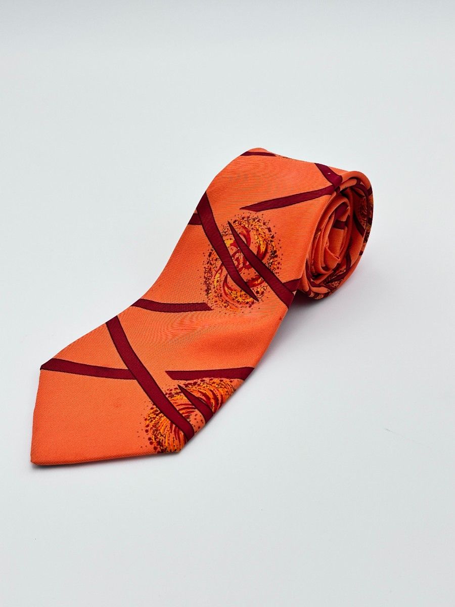 HERMES 爱马仕 领带 丝绸 橙色 满印图案 品牌 73-1