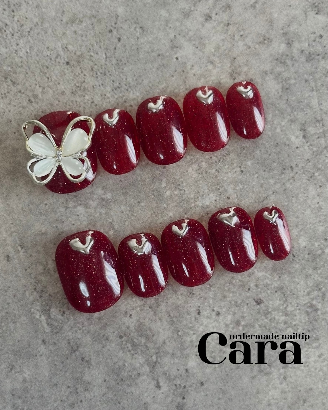 《1 Free Measuring Chip》 Flash Red Nail Tips Flash Nails Sparkly Red Heart Silver Butterfly Gorgeous Short Nails Valentine's Day Christmas