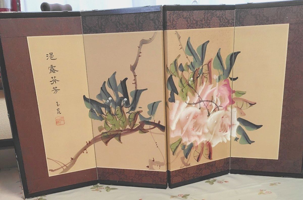 四折桌面屏风 花鸟图 装饰品 室内摆件