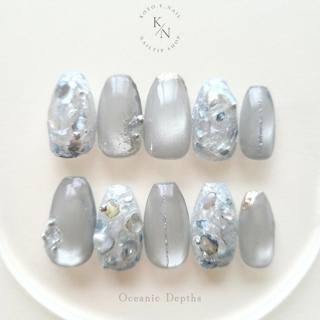 Oceanic Depths Nail Tips, Translucent Nuance Nails, Shell Effect, Hydrating & Plump, Muted Blue, Bridal Wedding Style, Magnetic Nail Art, Ice Texture, Elegant Look, Water-Glow Finish, Summer Drop Design