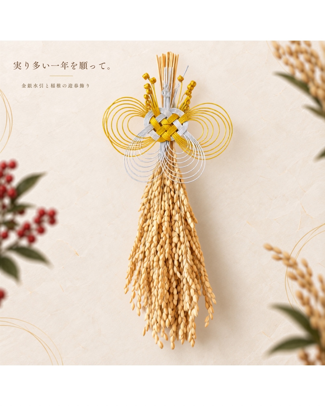 金银水引与天然稻穗的春节装饰|高雅的日式现代迎春摆件 编号