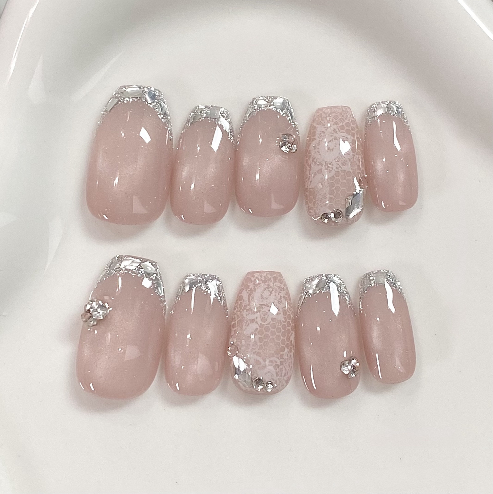 Lace pattern 💍 Glass French Nail Tips Magnet Bridal Wedding Coming of Age Ceremony Single Phone Girly Flash Magnet Moist Pink Autumn Winter Christmas Korean Elegant Adult Nude