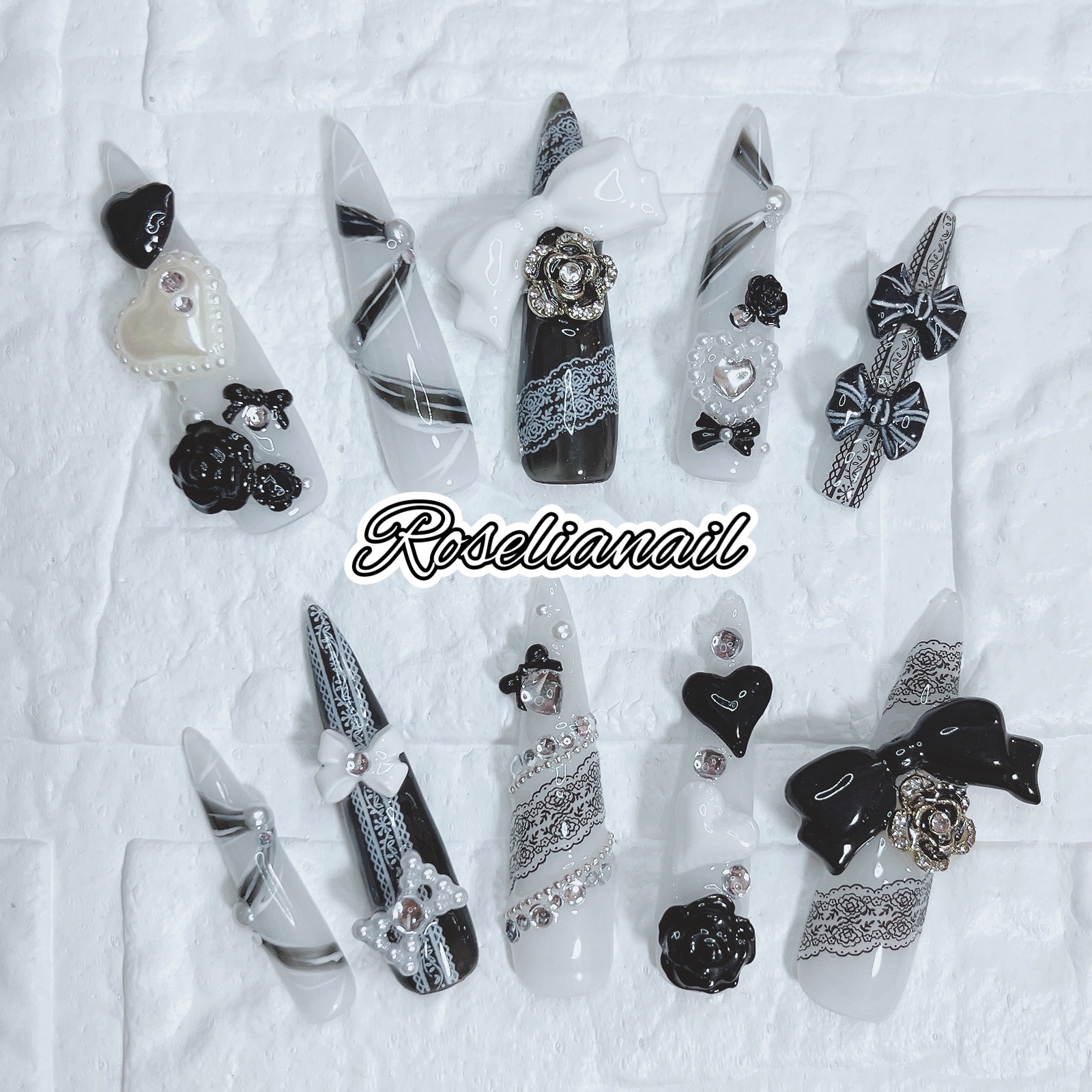 [Item No.12] Monochrome Gothic Princess/Hime Gal Black White Lolita Lace Unique Flashy Elaborate Super Long Nail Tips