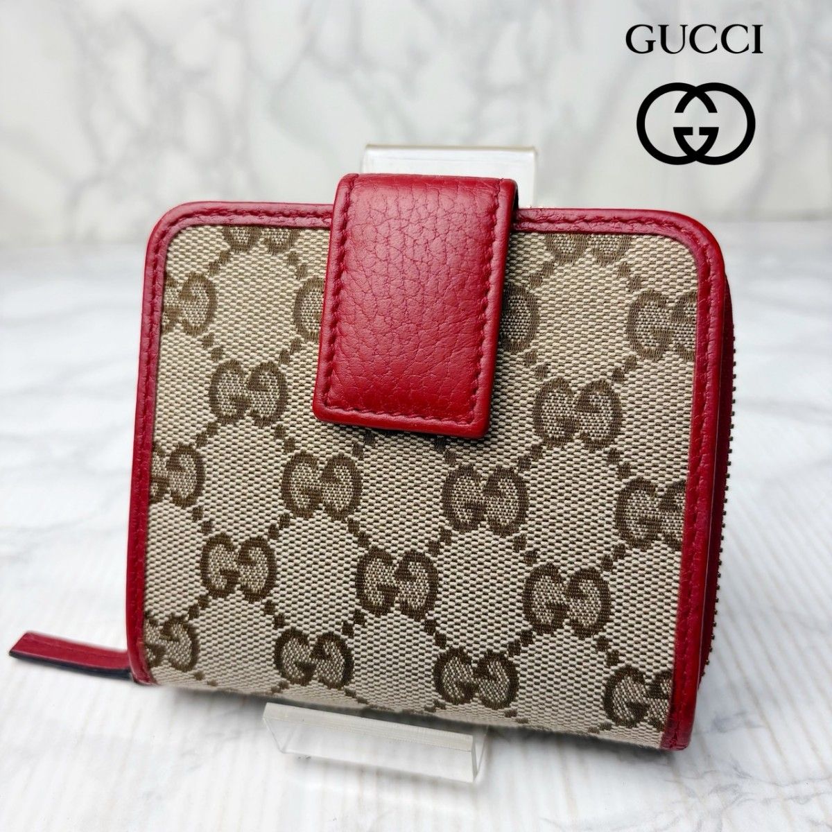 09 极美品 GUCCI 古驰 二折钱包 拉链圆形 GG帆布 GG图案