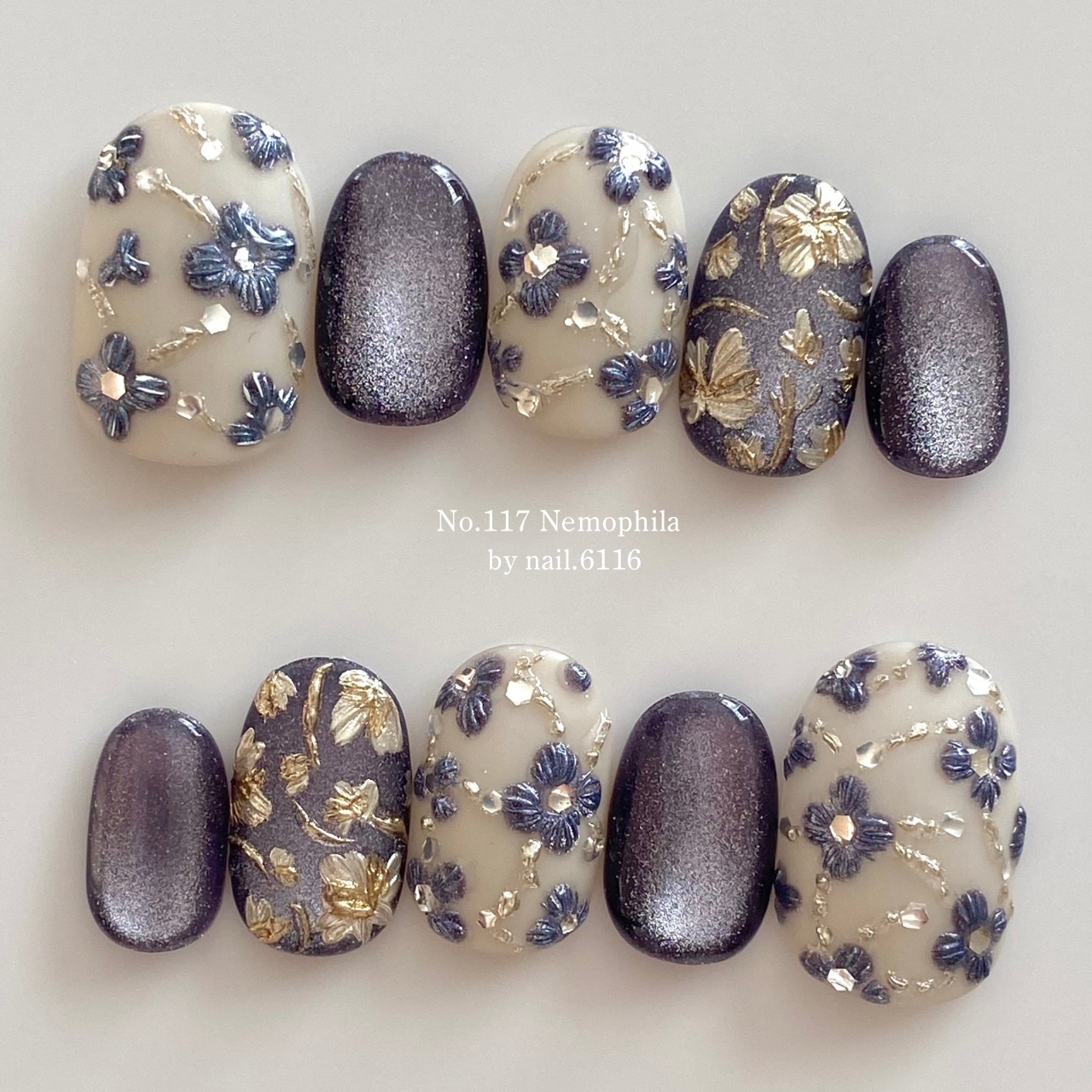 premium line ⸝⋆ No.117 Nemophila Embroidered Nail Tips Bridal Manicure Dinner Party Christmas Navy Blue Purple Beige Floral Gold Press-On Nails Custom Sizing