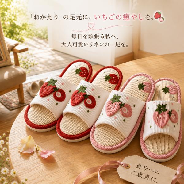 女士亚麻拖鞋 室内鞋 草莓刺绣 北欧风格 轻量防滑 访客用 22.0〜24.5cm