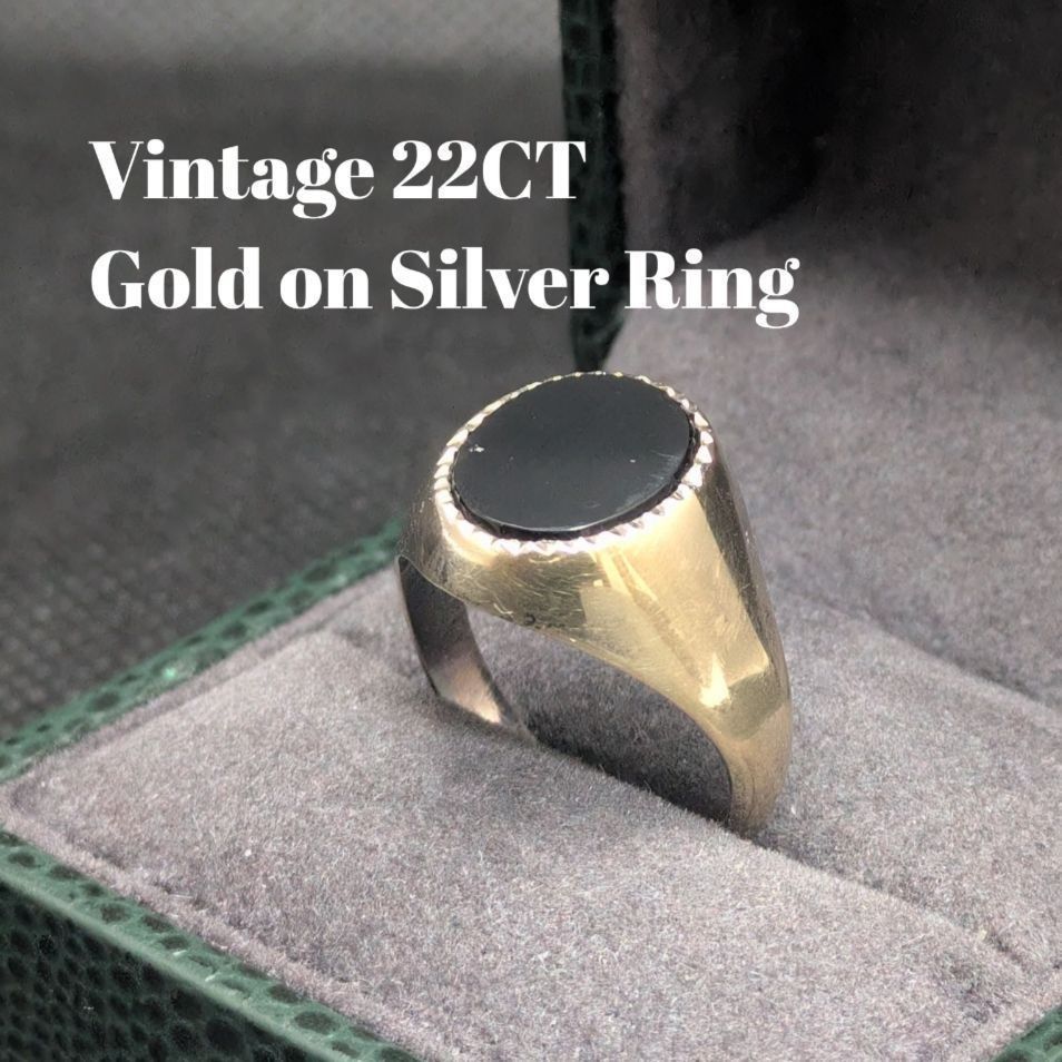 22K金镀层银质17号印章戒指 黑色缟玛瑙 刻印 22CT ON SILVER 复古