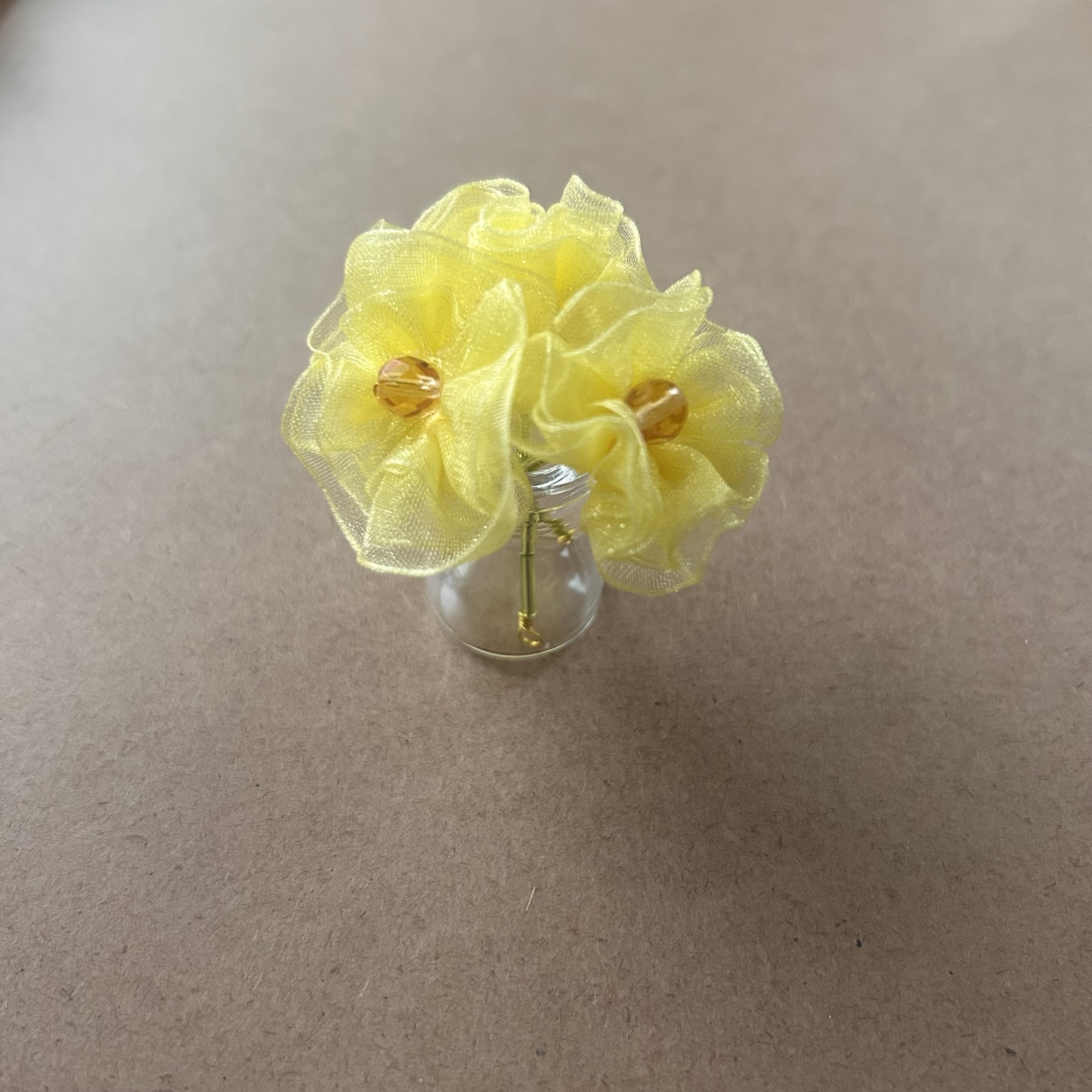 小型丝带花 丝带花卉 室内装饰品 微型仿真永不凋谢的花 迷你花束 黄色系 带花瓶