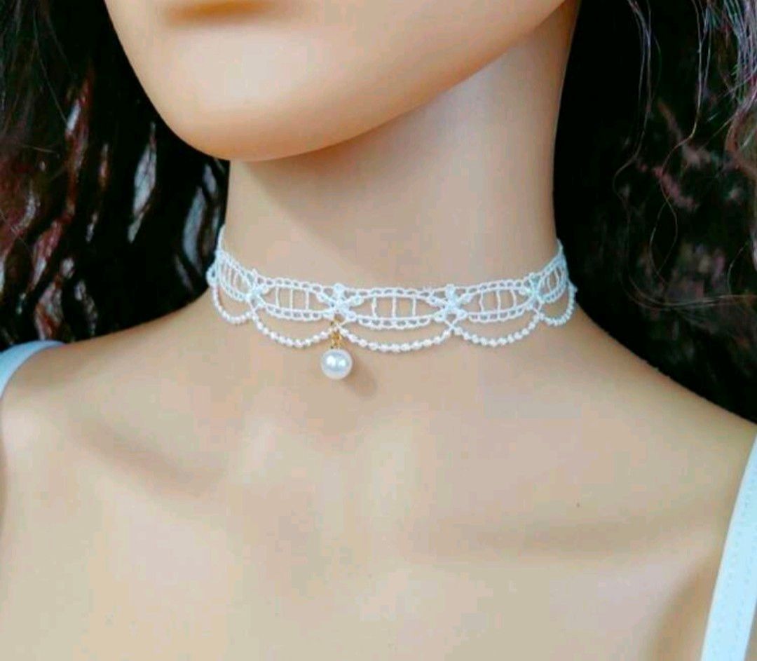 Lace Choker with Pearl, White, Women's Necklace