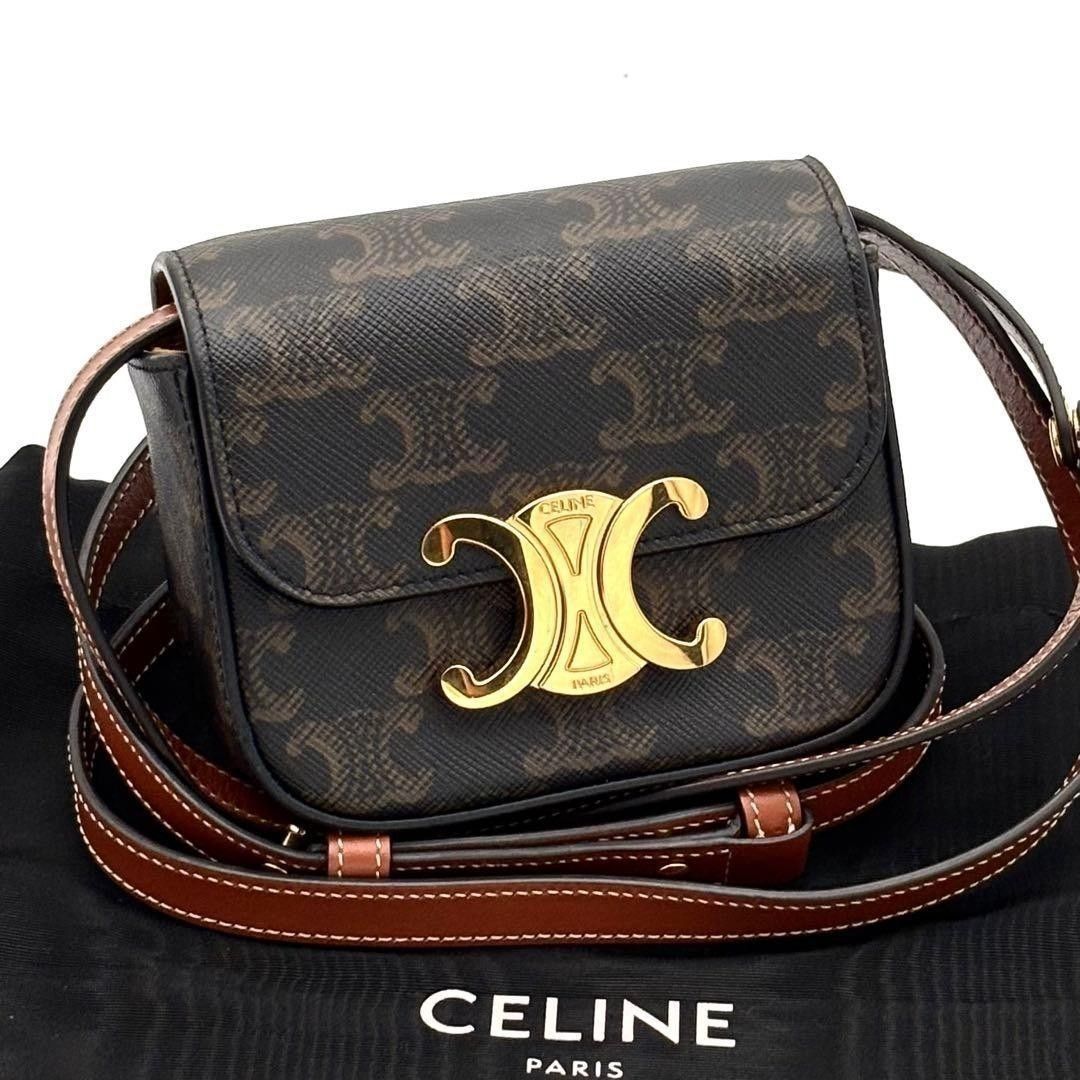 ☆近乎全新☆附收纳袋☆Celine 塞琳 三重奏帆布 全纹迷你公路单肩包 棕色 茶色