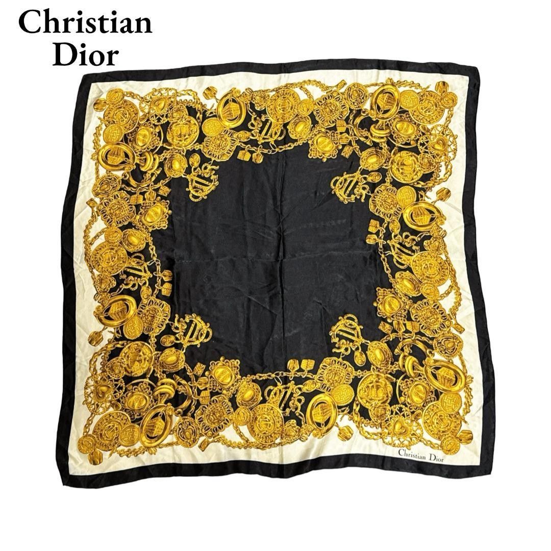 Christian Dior クリスチャンディオール チェーンモチーフ スカーフ シルク ブラック ゴールド レディース 小物 黒