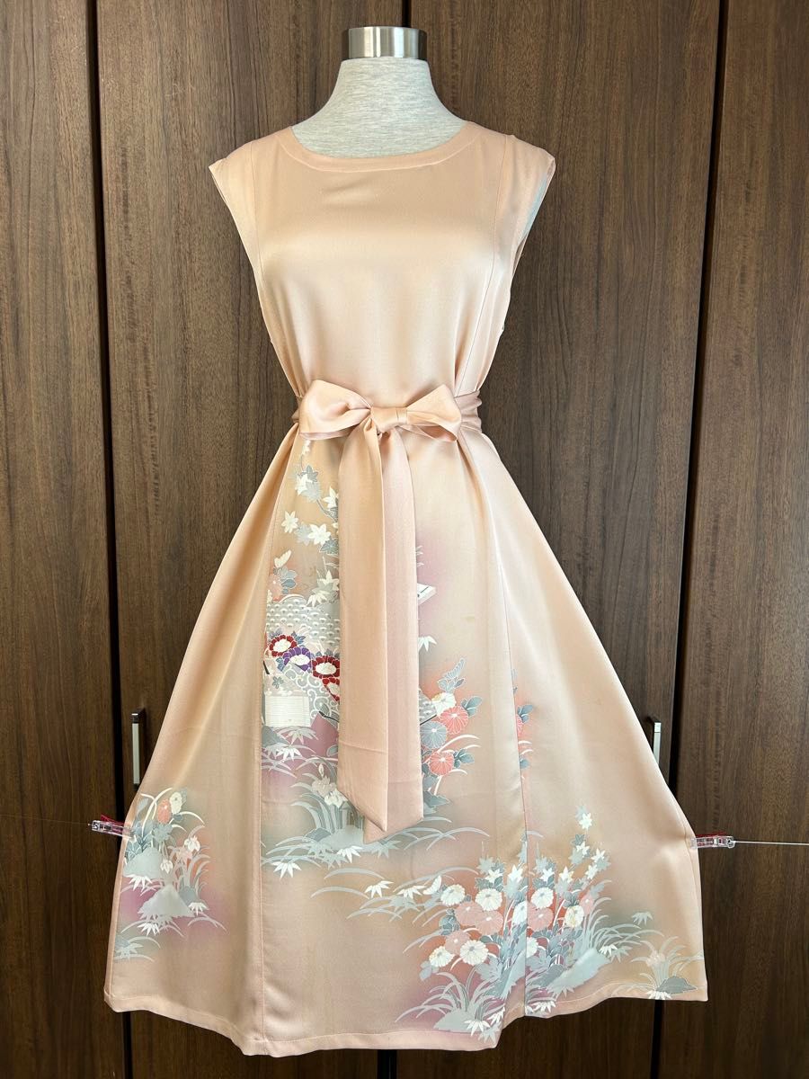 和服改造连衣裙 访问着 真丝 花卉图案 带蝴蝶结 香槟米色