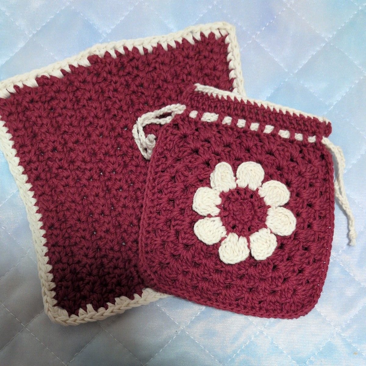 Handmade Crochet Drawstring Pouch and Handkerchief Two-Piece Set with Floral Motif