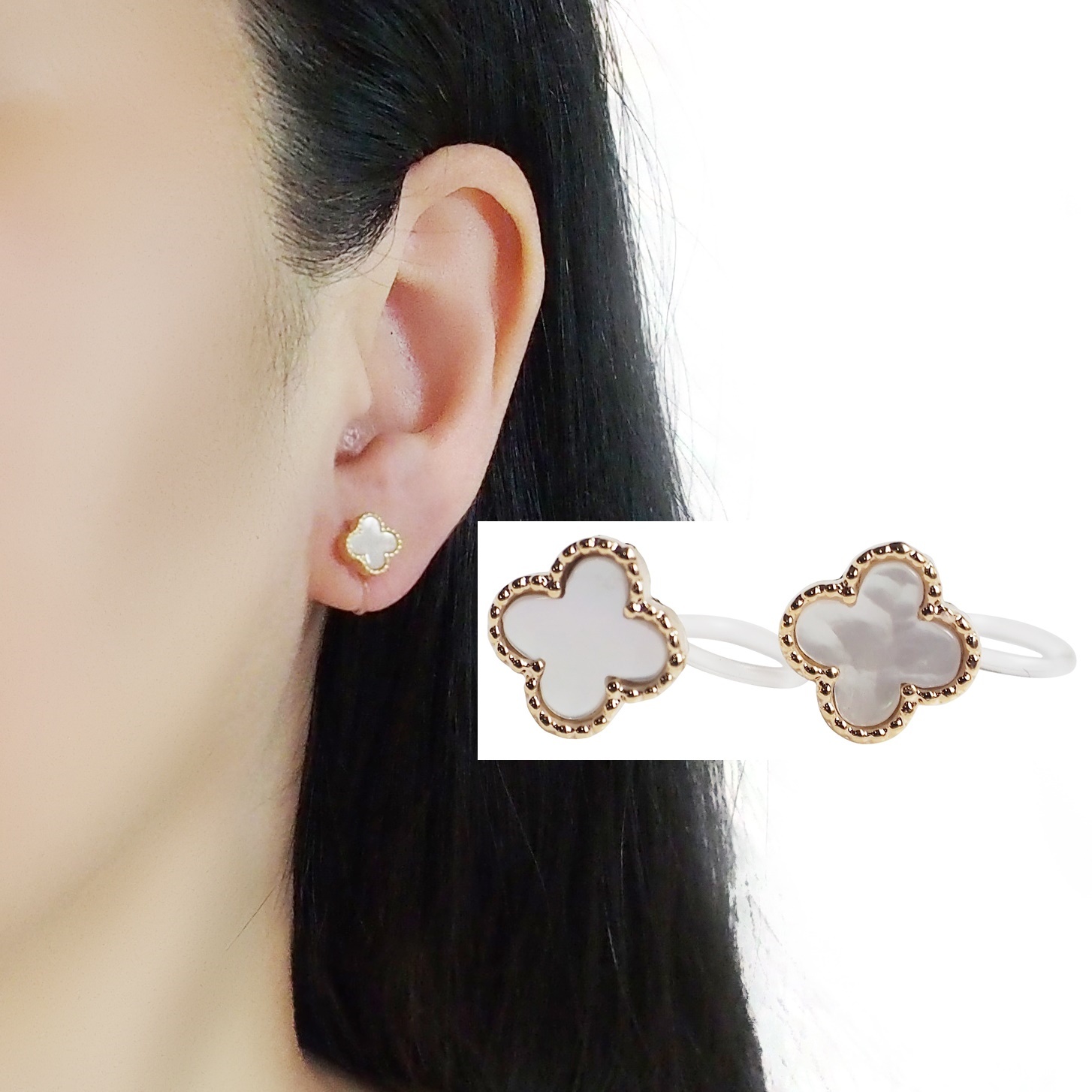 Mother of Pearl Non-Hole Earrings Pain-Free White Abalone Four-Leaf Clover Gold Popular White Resin Earrings Stylish White Flower Earrings for School Entrance Ceremony Graduation Ceremony Wedding