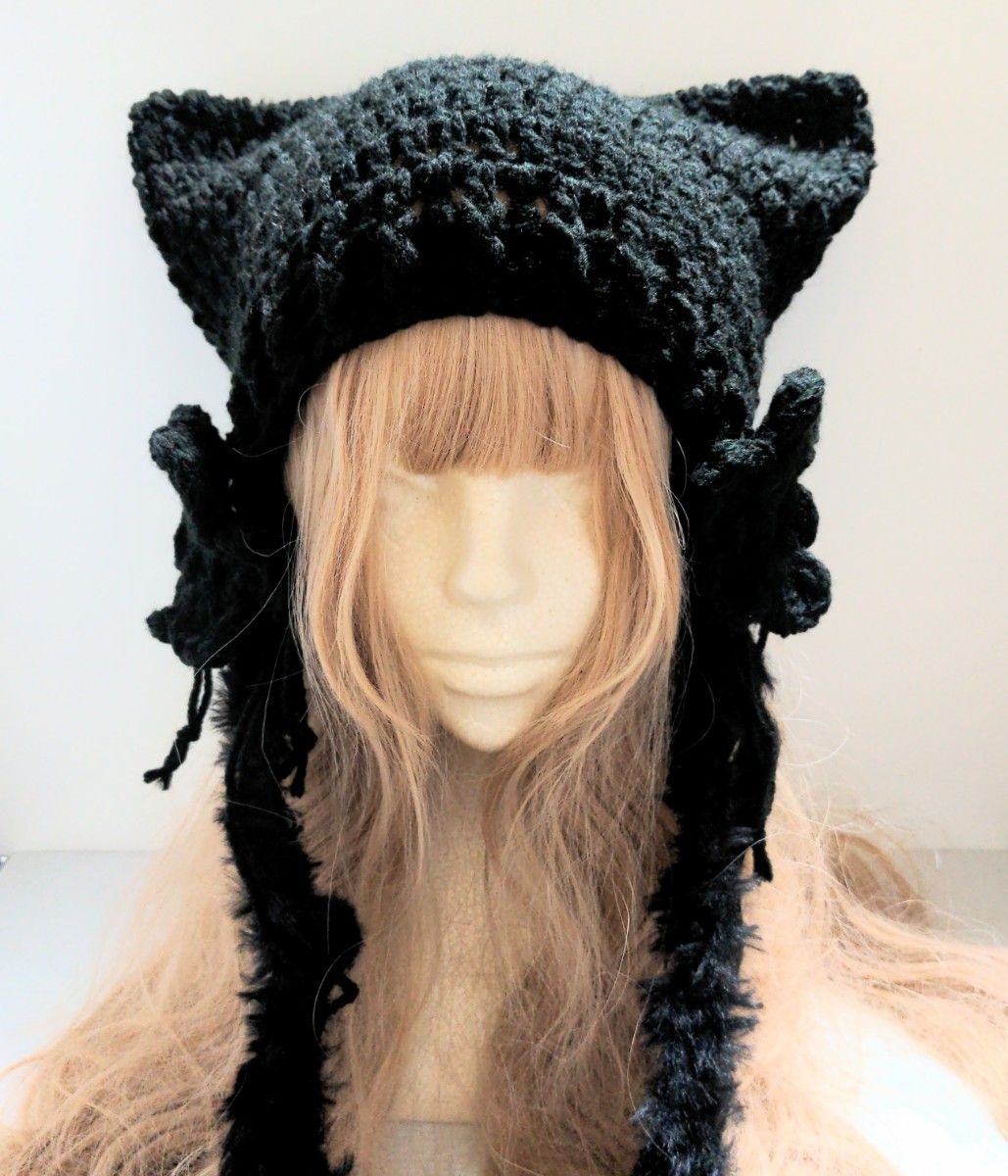 猫耳帽子花的耳朵贴风猫针织帽y2k地雷系亚文化猫耳针织帽grange fairy grange原宿系y2k帽子