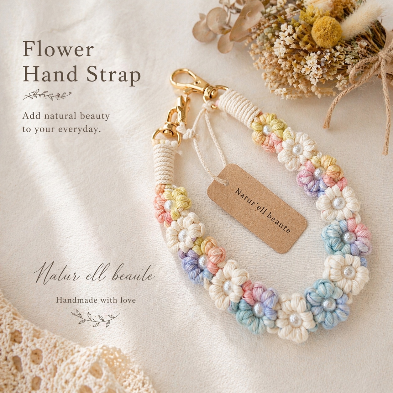 Small Flower Field Macrame Smartphone Strap (Rainbow) / Smartphone Accessory / Flower Motif / Flower / Natural / Gift / Small Gift / Bag Charm / Key Holder / Cotton Pearl