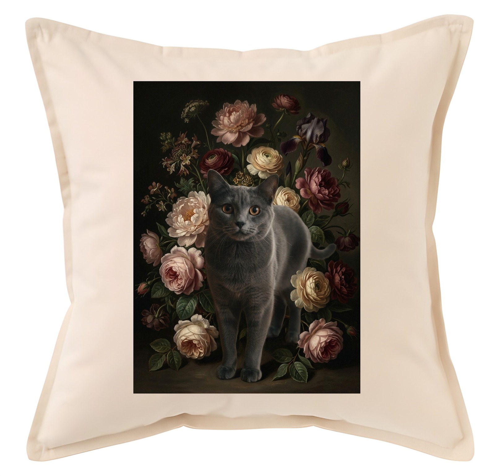 【可订制】猫 (夏特鲁) 靠垫45cm花的油画风艺术全彩