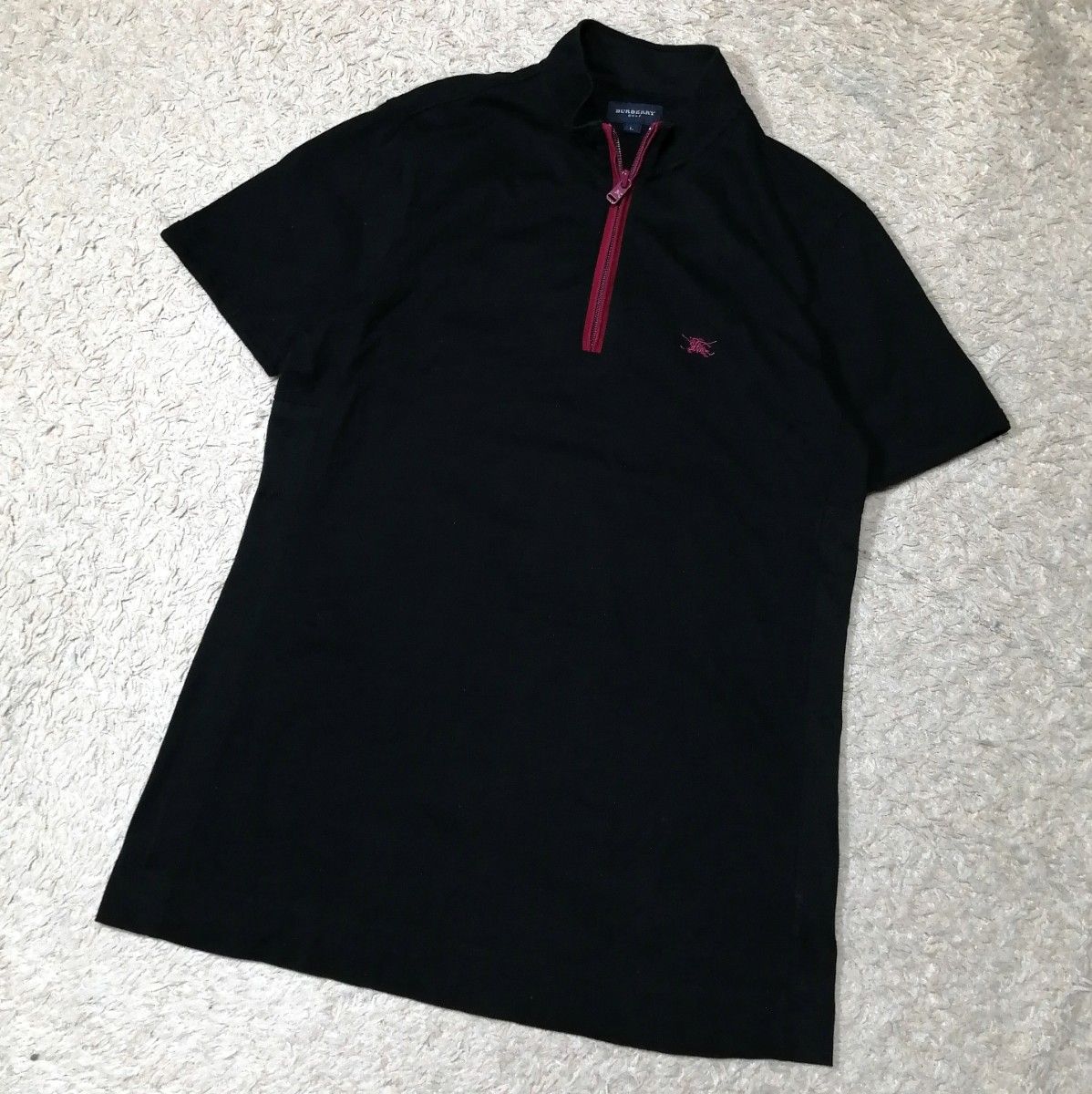 ★Burberry Golf★半拉链优雅衬衫 L码 黑色 马匹刺绣 夜间标志 复古经典 GOLF