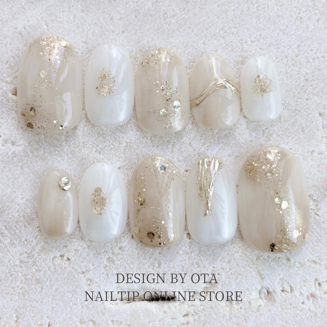 White Mocha Beige Nuance Nail, Hazy Nail, Mirror Nail, Bridal Nail, Coming-of-Age Ceremony Nail, Nail Tips, Simple, Summer, Coming-of-Age Ceremony, Furisode, Hakama, Pre-Wedding Photos, White Outfit, Off-White, Korean-Style Hakama