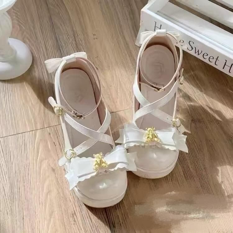 洛丽塔厚底高跟鞋 蕾丝蝴蝶结 粉色·白色 高品质