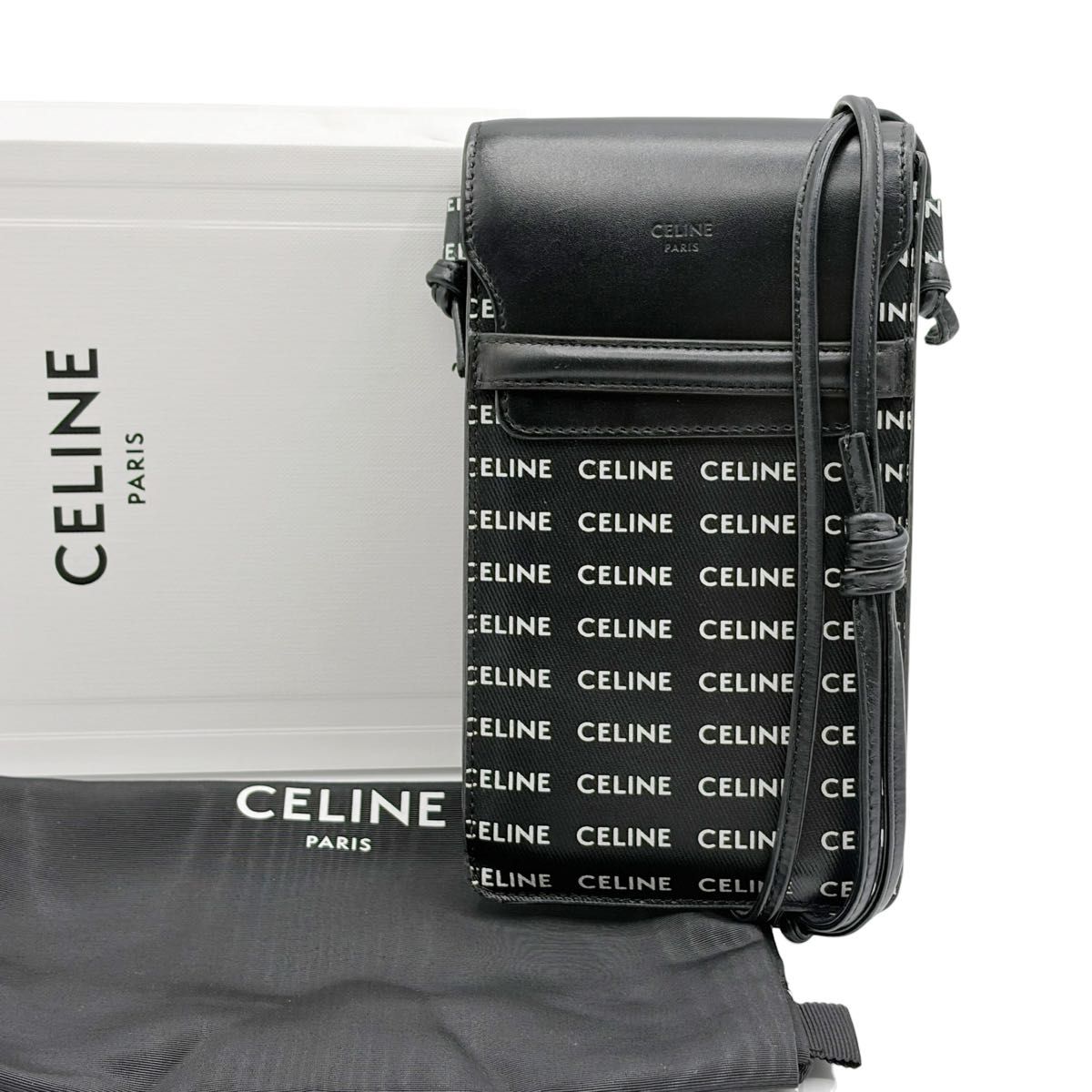 赛琳 CELINE 手机收纳袋 手机包 带Logo 全纹黑款 单肩包 皮革