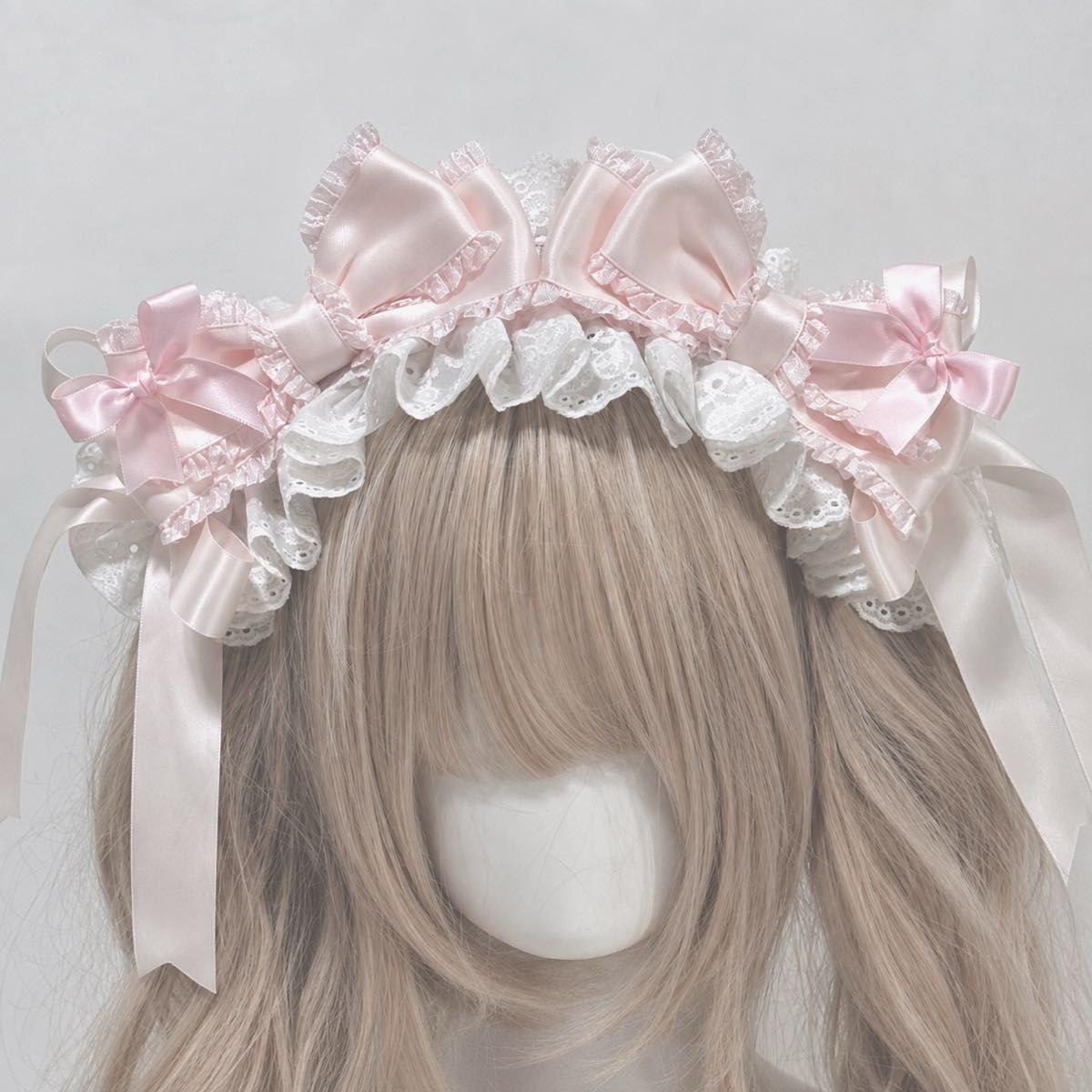 ロリータ Wリボン ヘッドドレス ベビーピンク コスプレ 可愛い レース 新品