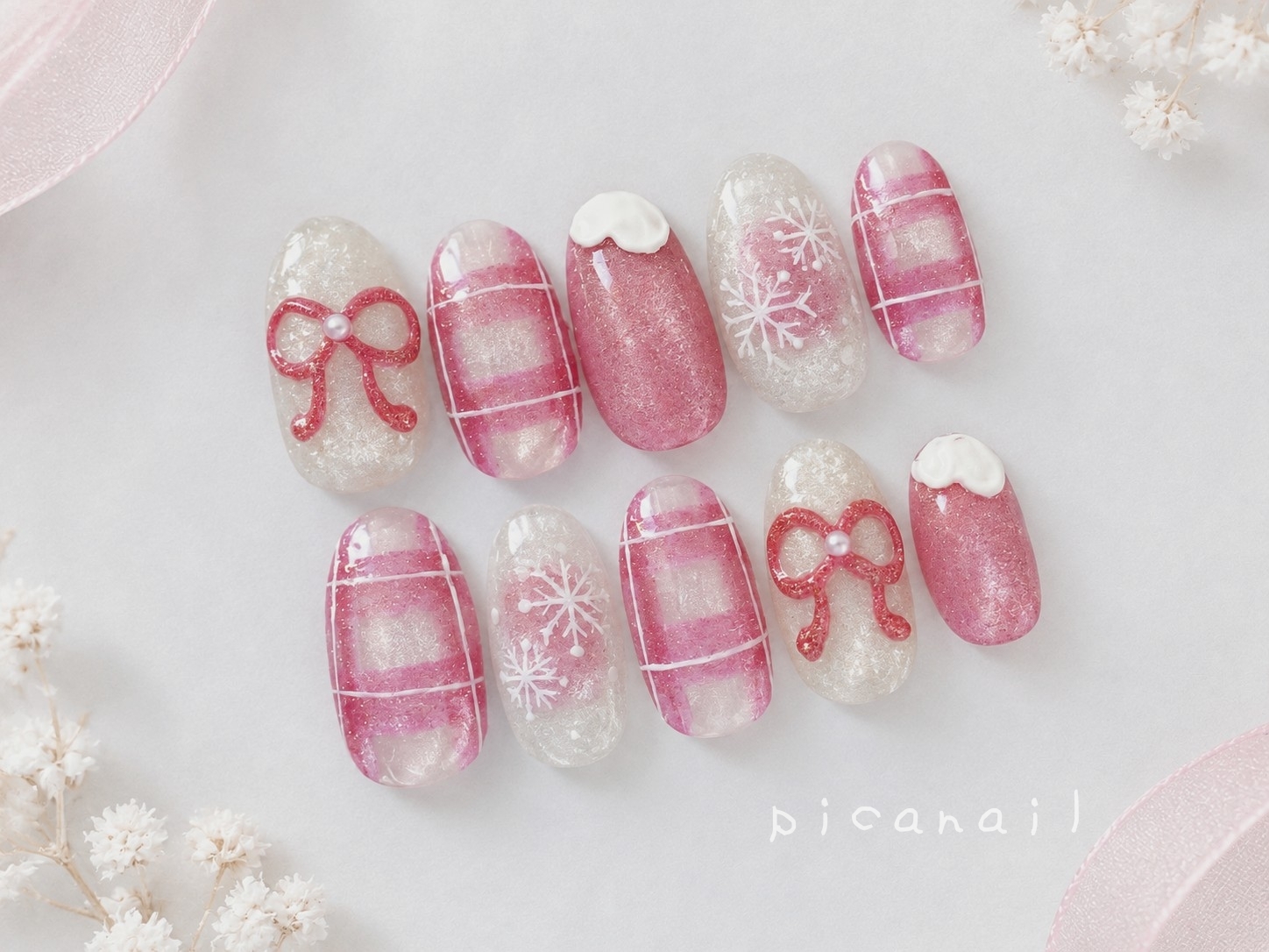 White Magnet Bordeaux Snowflake Ribbon Christmas Nail Tip