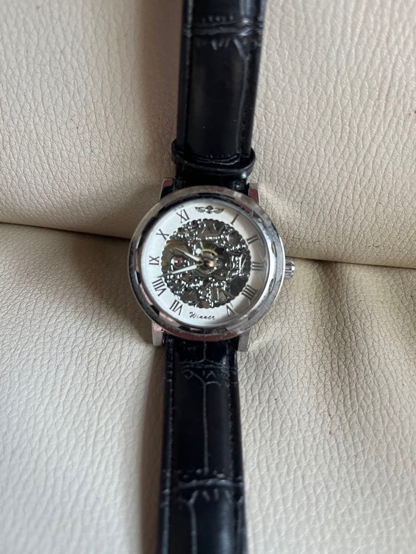 【Working Condition】WINNER Wristwatch, Manual-Winding, Mechanical, Men’s, Full Skeleton, Black Leather