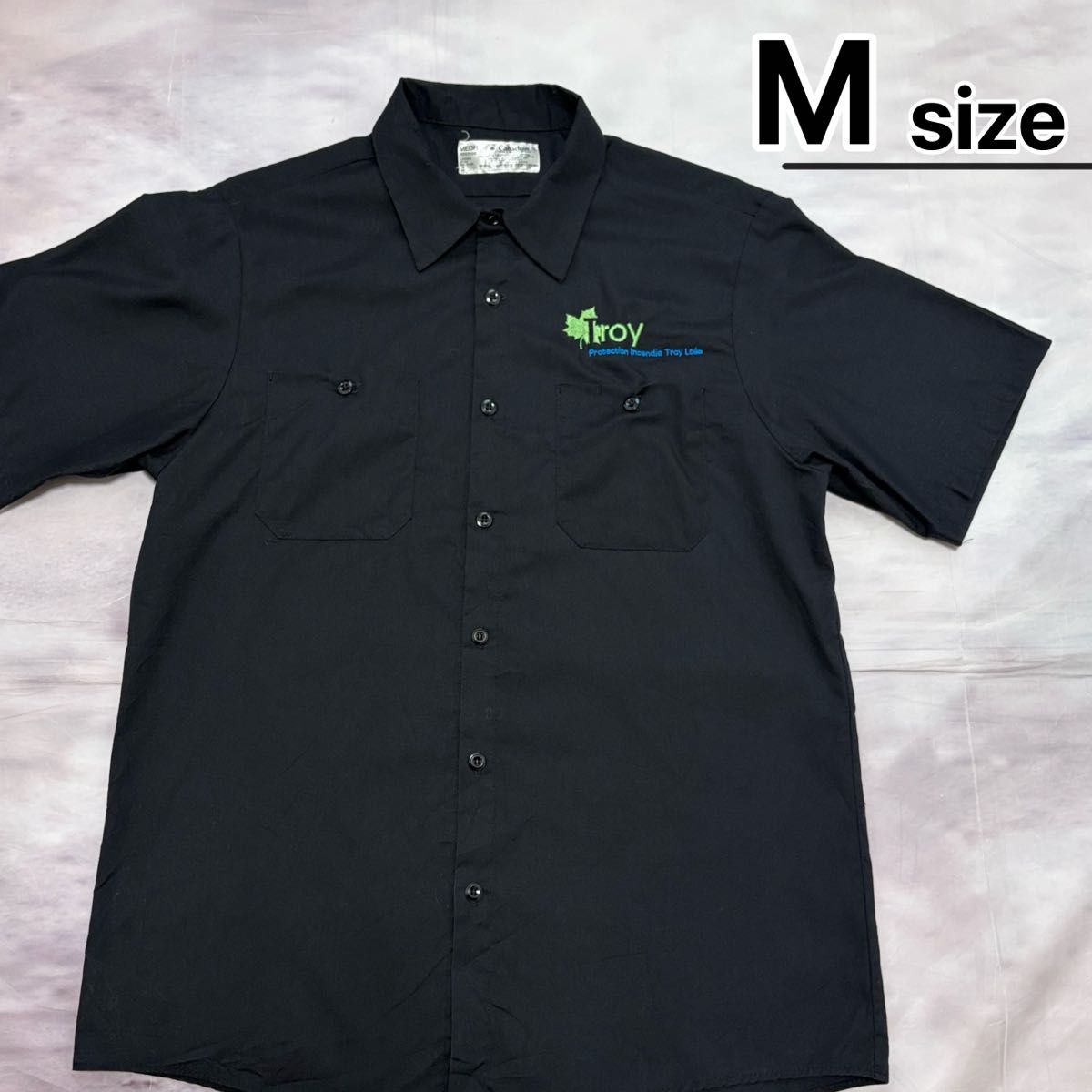 USA旧衣服衬衫M黑色素色一点企业标志短袖