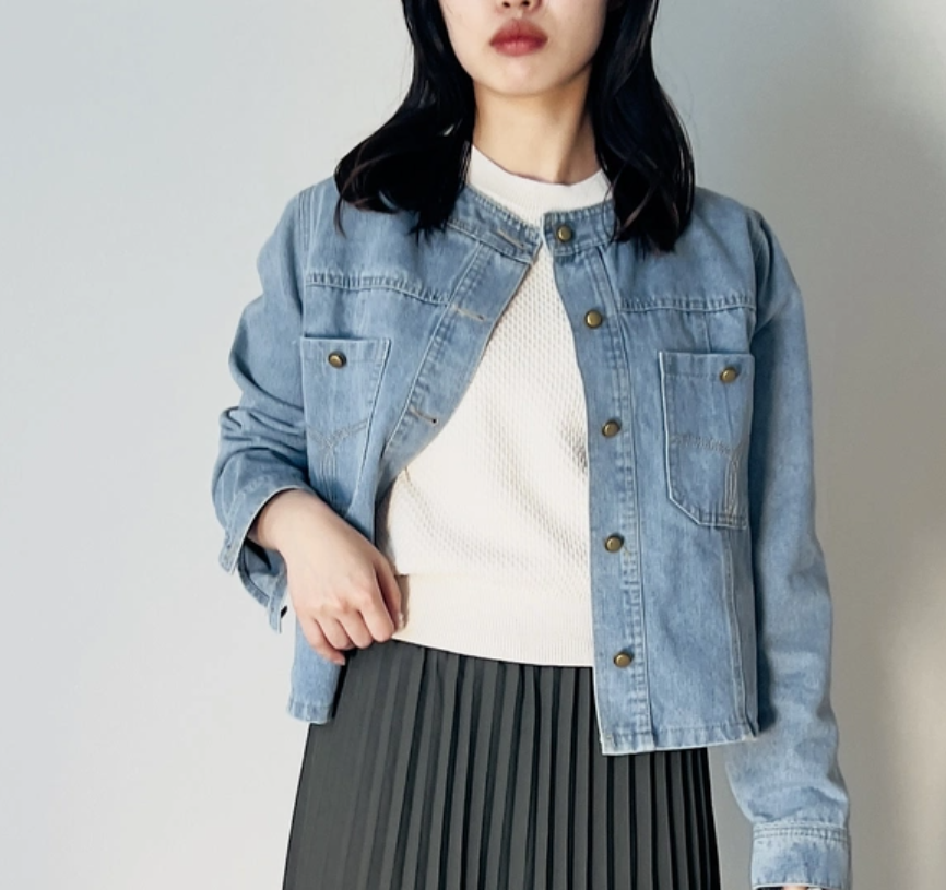 【新品 当季流行的牛仔夹克,无领设计时尚百搭,亦提供高个尺码选择【New款无领牛仔夹克】 JK 】◇